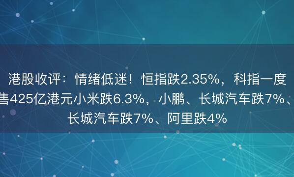 港股收评：情绪低迷！恒指跌2.35%，科指一度跌4%，配售425亿港元小米跌6.3%，小鹏、长城汽车跌7%、阿里跌4%
