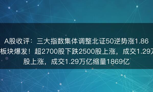 A股收评：三大指数集体调整北证50逆势涨1.86%，可控核聚变板块爆发！超2700股下跌2500股上涨，成交1.29万亿缩量1869亿