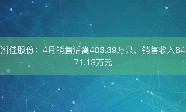 湘佳股份:4月销售活禽403.39万只,销售收入8471.13万元