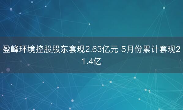 盈峰环境控股股东套现2.63亿元 5月份累计套现21.4亿